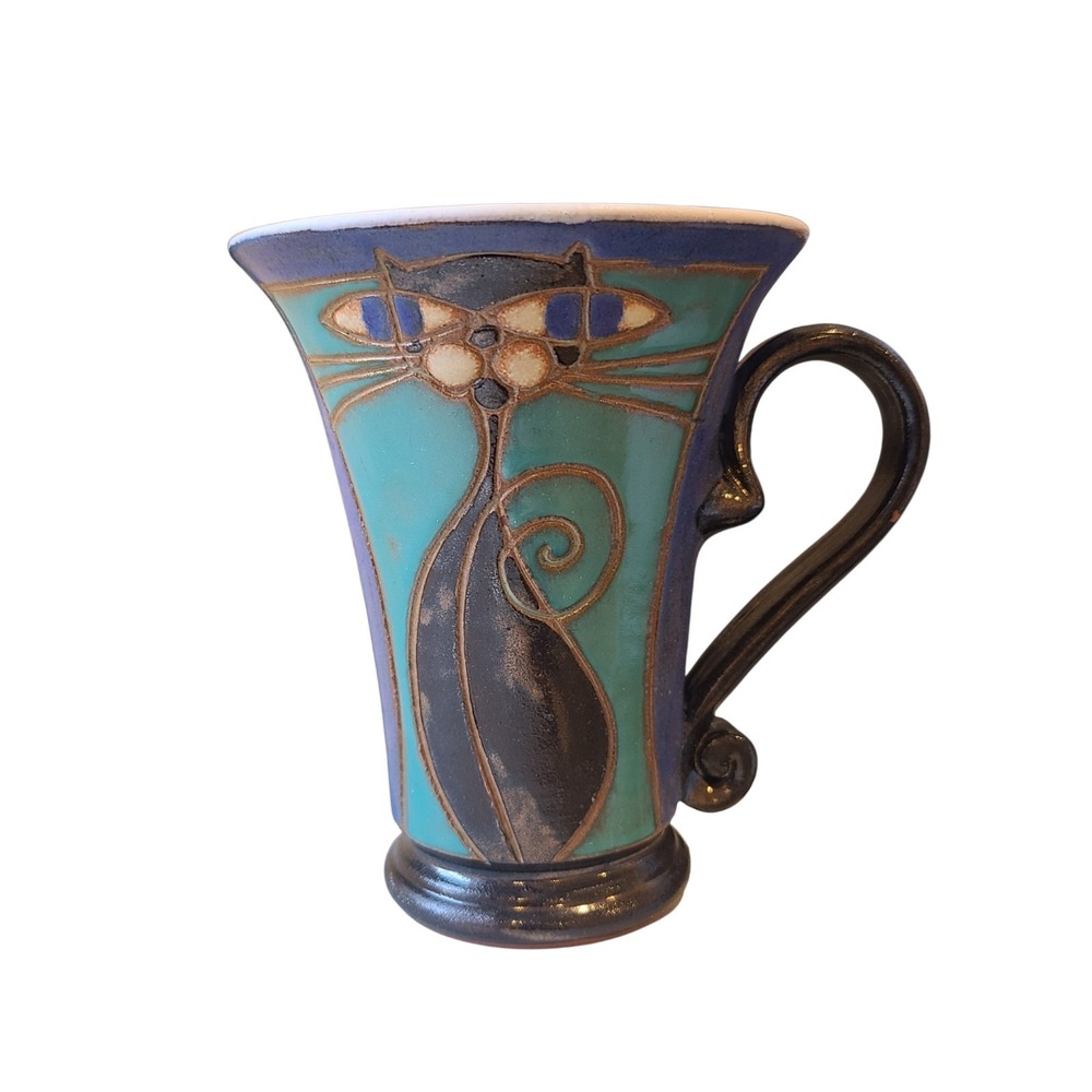Danko Handmade Blue Wheel Thrown Pottery Mug w Handpainted Cat Handmade Cup